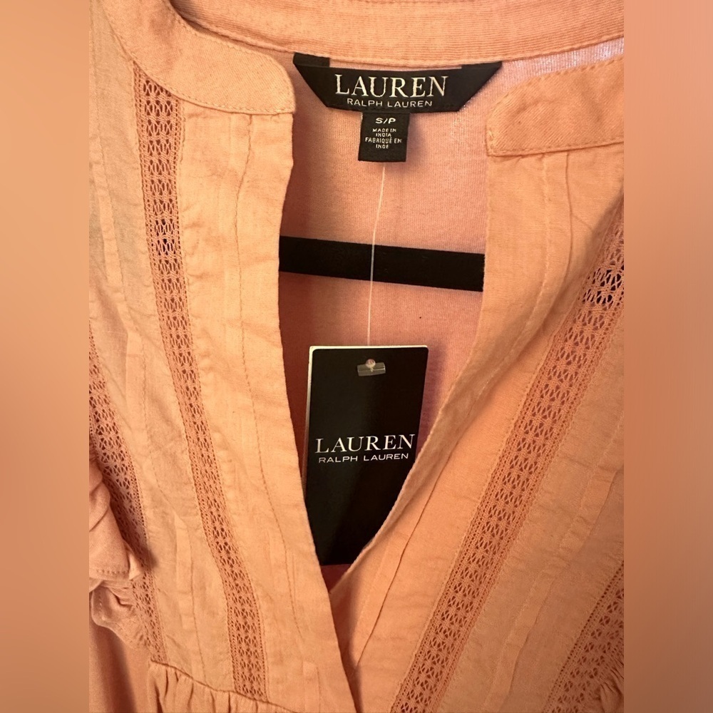 Lauren Ralph Lauren Rose Tan Ruffled Bib Neck Top Size: S - Picture 8 of 9
